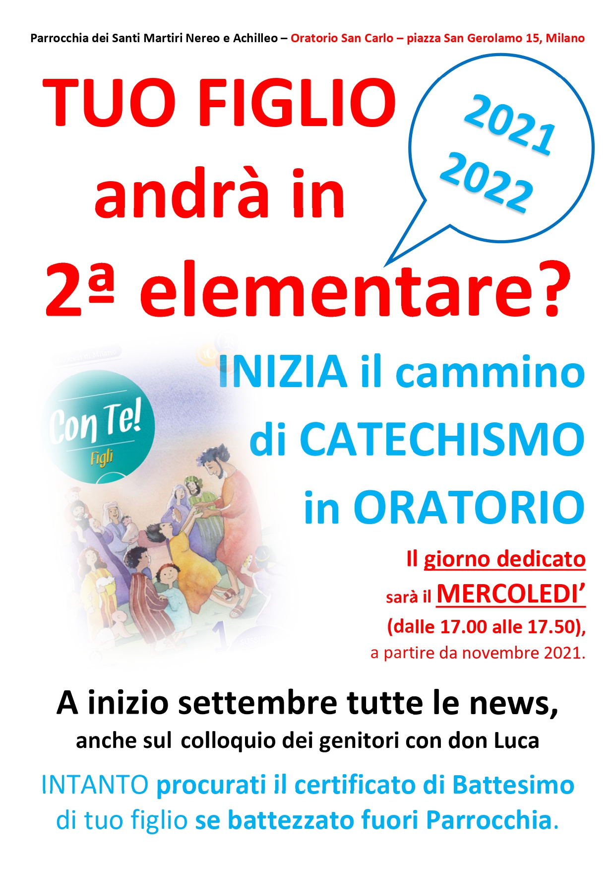 Pre-Avviso catechismo di seconda elementare 2021-2022